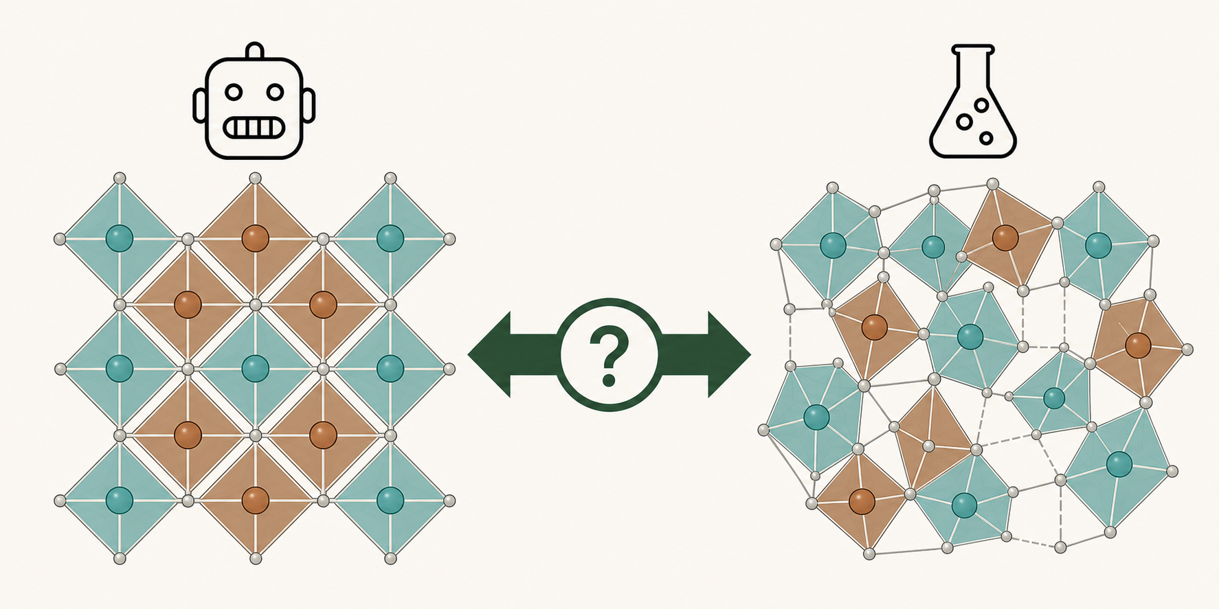 Schematic comparing an ordered AI-predicted structure with a disordered experimentally synthesized structure